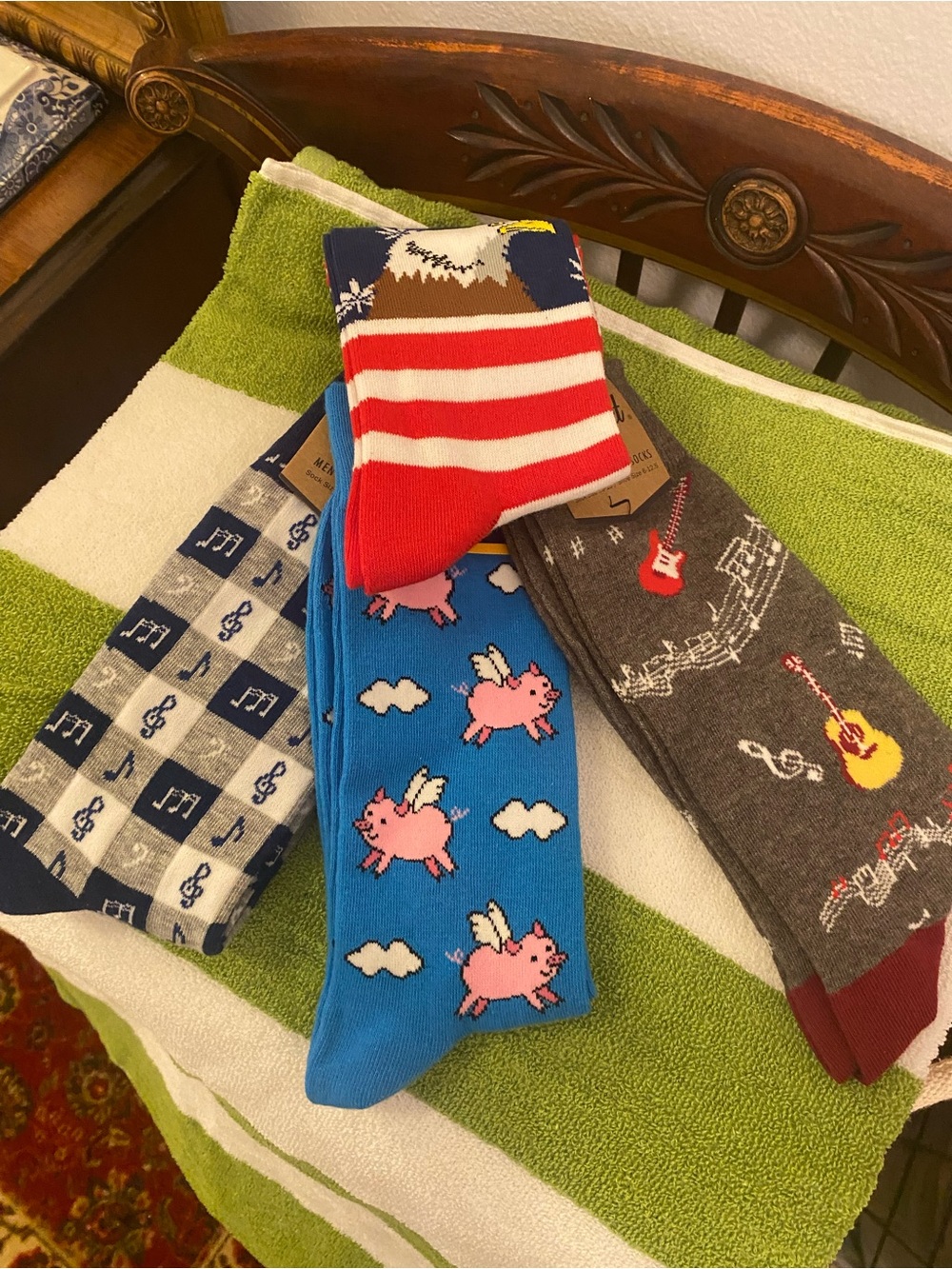 Novelty Men's Crew Socks - Flying Pig, Music & Stripes